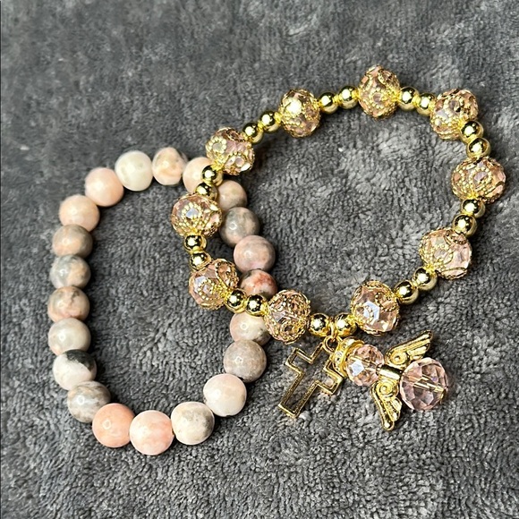 Set of 2 Bracelets Angel & Cross Charm Gold & Pink Beaded Dangling Charm Set - Picture 1 of 11